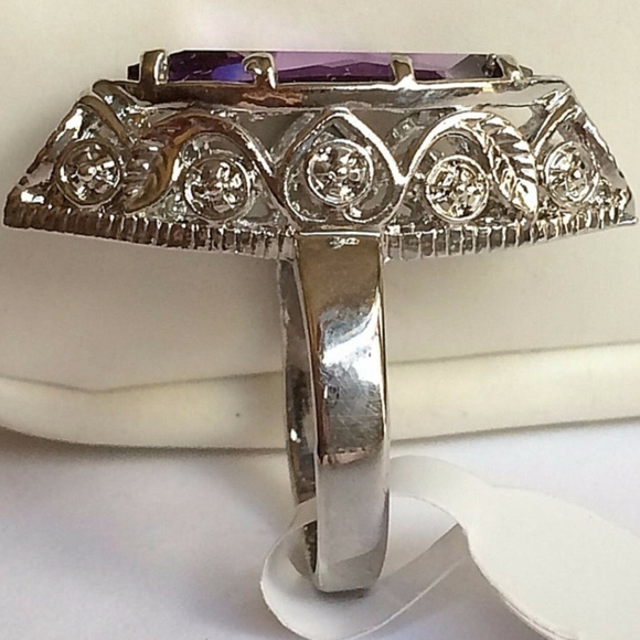 Silver Art Deco Amethyst Cocktail Ring Size 6 9 Rhodium Plated Filigree Vintage - Picture 4 of 8